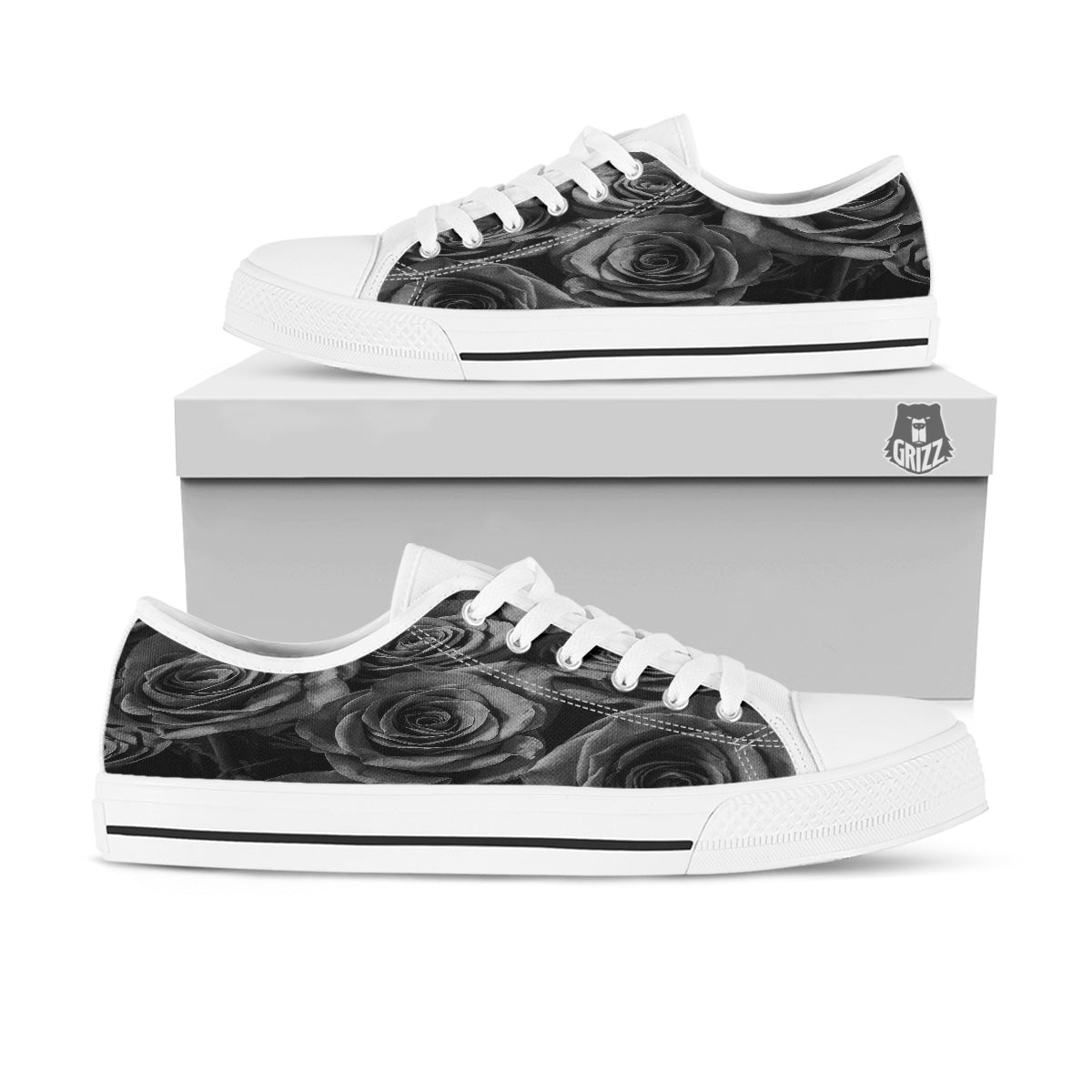 Black Rose Print White Low Top Shoes-grizzshop