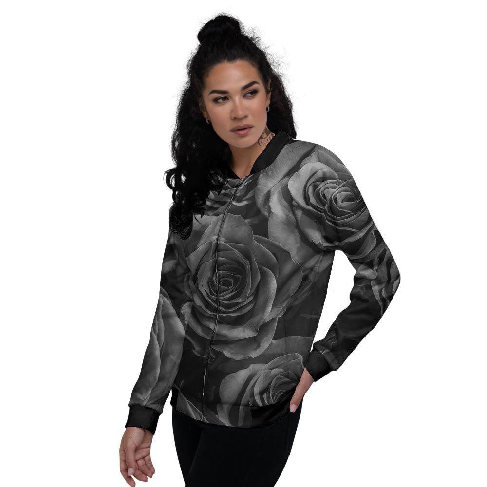 Black Rose Print Women's Bomber Jacket-grizzshop