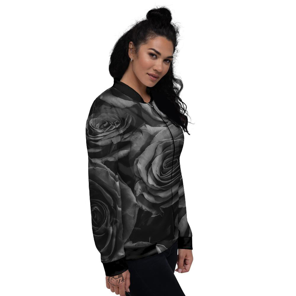 Black Rose Print Women's Bomber Jacket-grizzshop