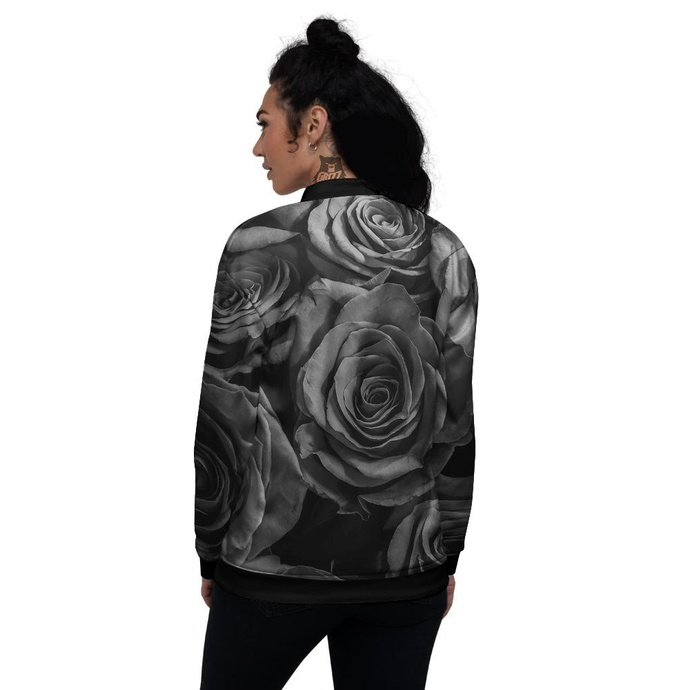 Black Rose Print Women's Bomber Jacket-grizzshop