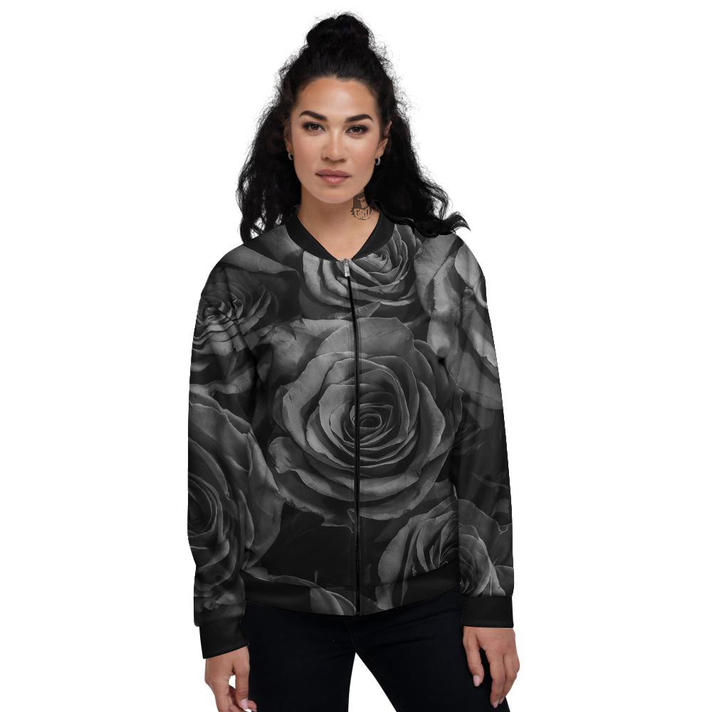 Black Rose Print Women's Bomber Jacket-grizzshop