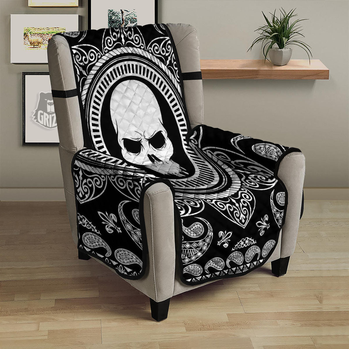 Black Skull Bandana Print Armchair Protector-grizzshop