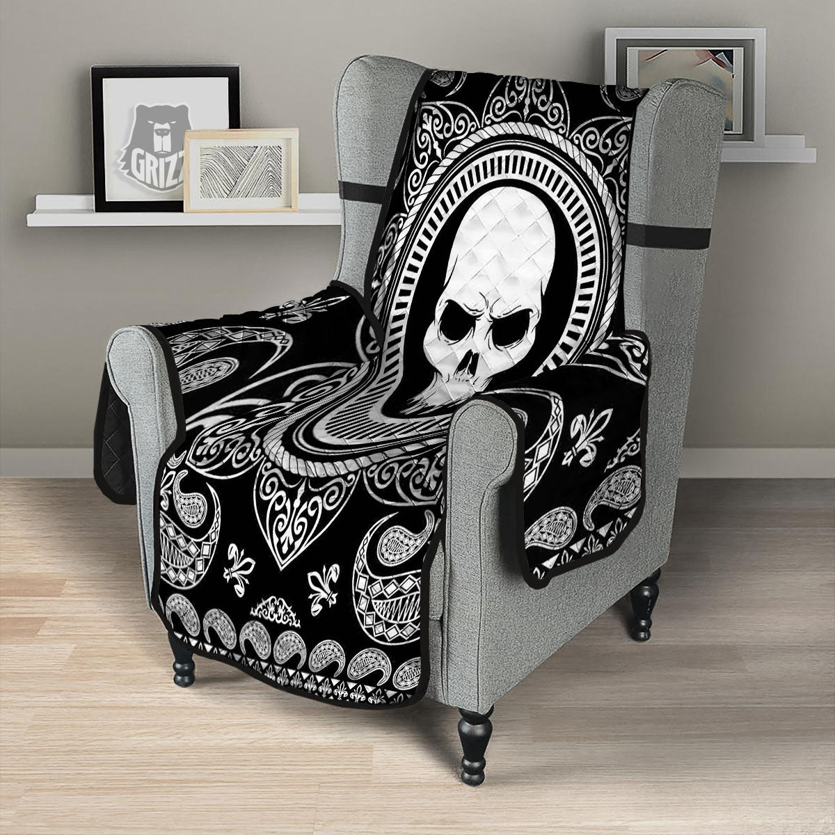 Black Skull Bandana Print Armchair Protector-grizzshop