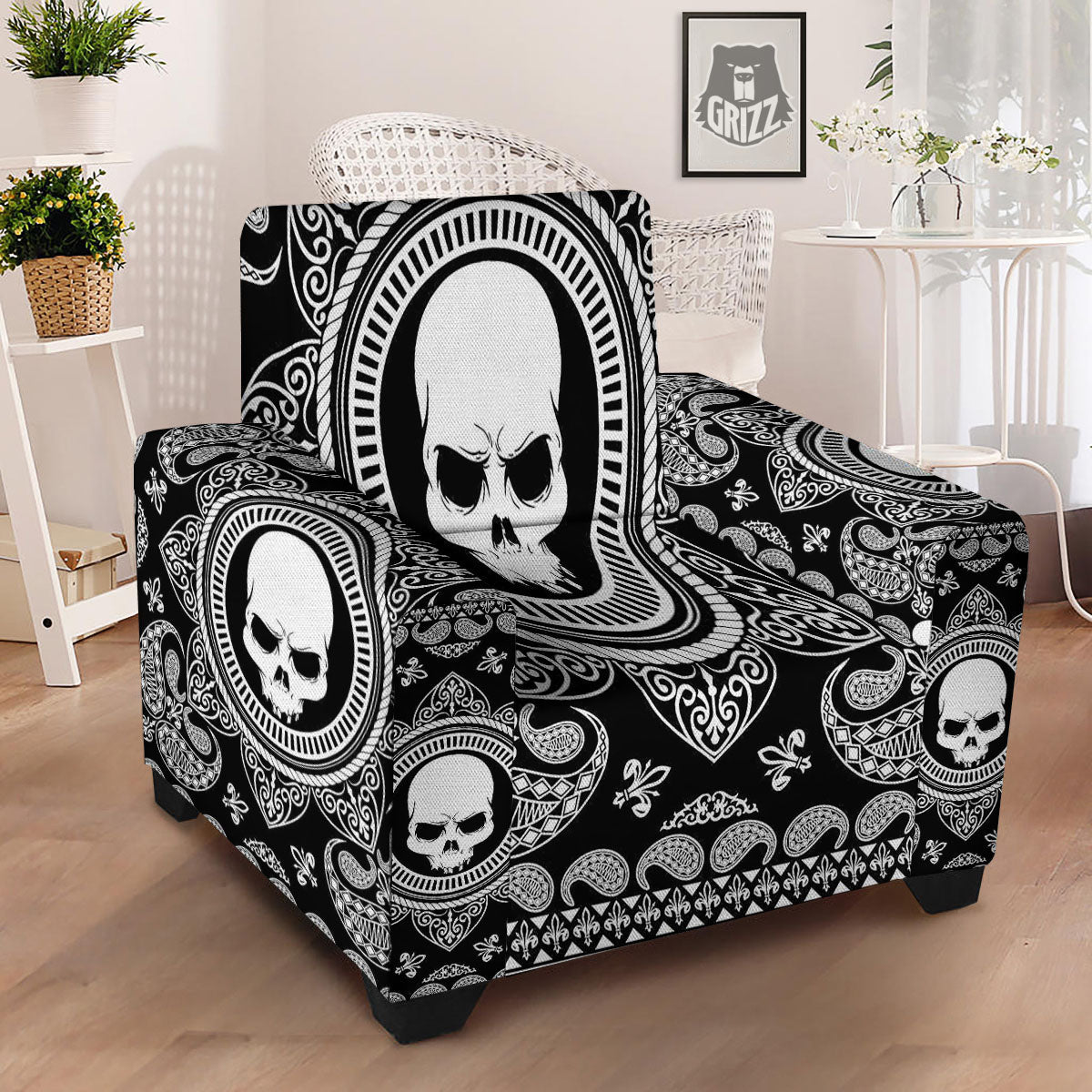 Black Skull Bandana Print Armchair Slipcover-grizzshop