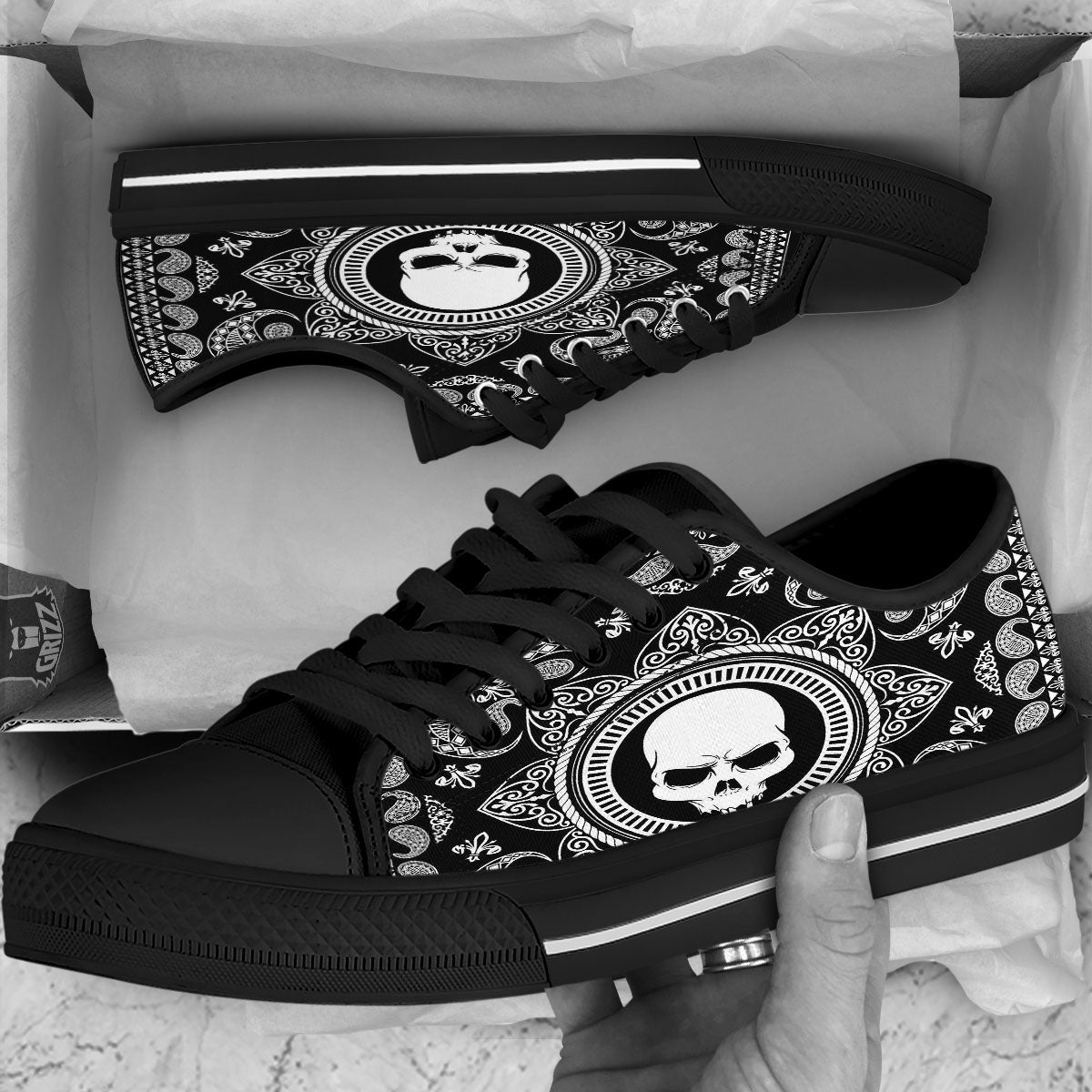 Black Skull Bandana Print Black Low Top Shoes-grizzshop