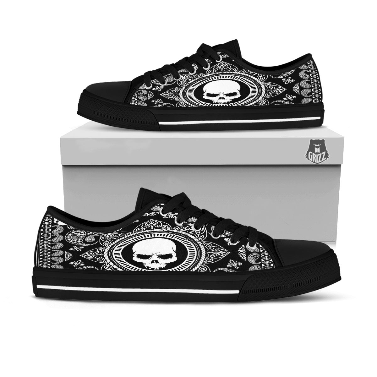Black Skull Bandana Print Black Low Top Shoes-grizzshop