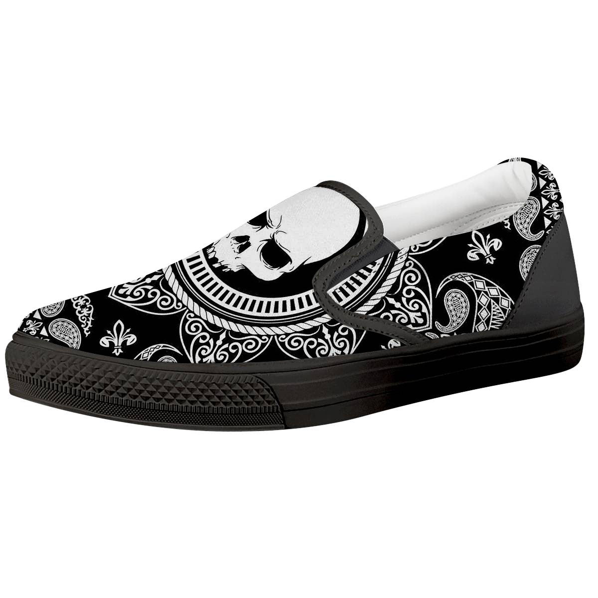 Black Skull Bandana Print Black Slip On Shoes-grizzshop