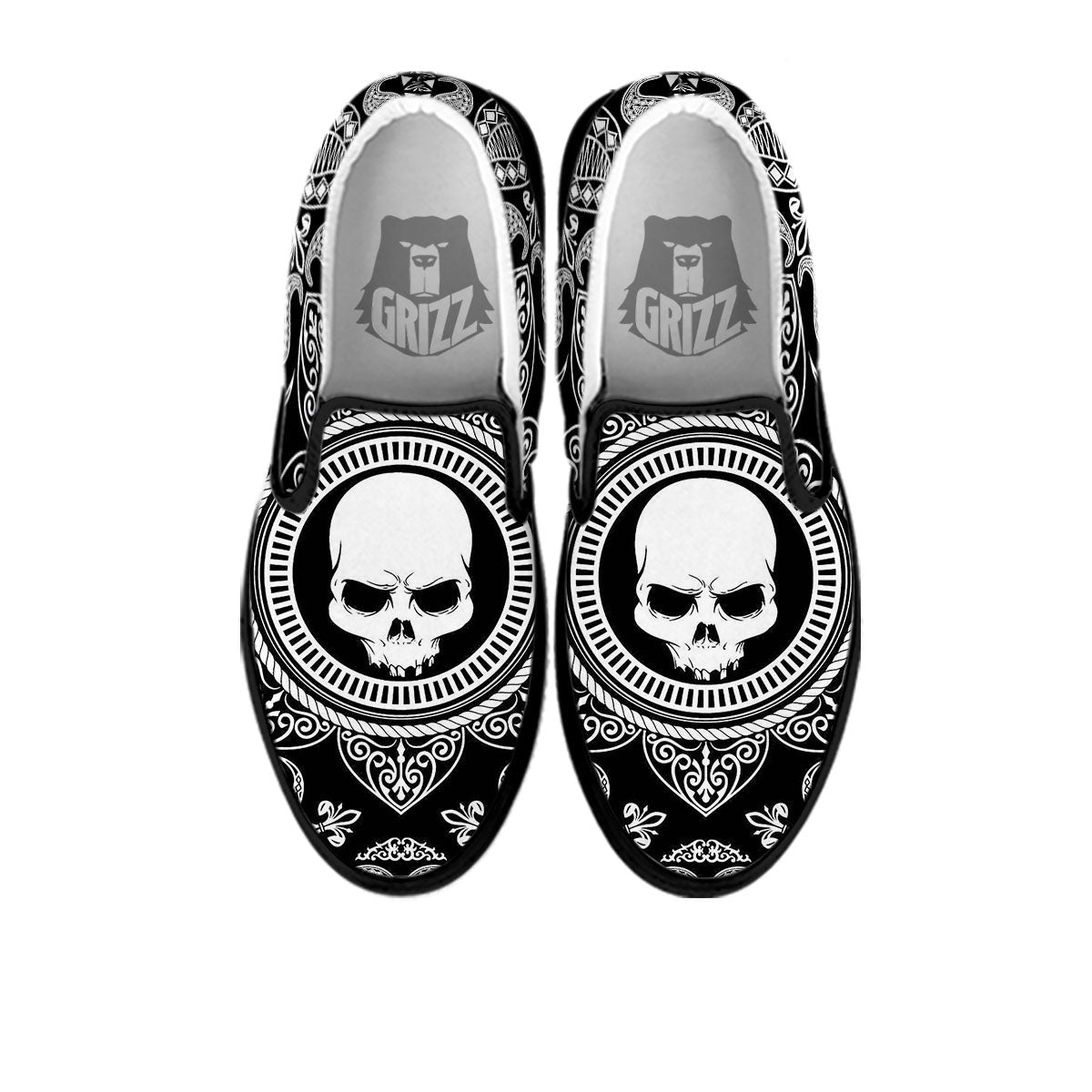 Black Skull Bandana Print Black Slip On Shoes-grizzshop