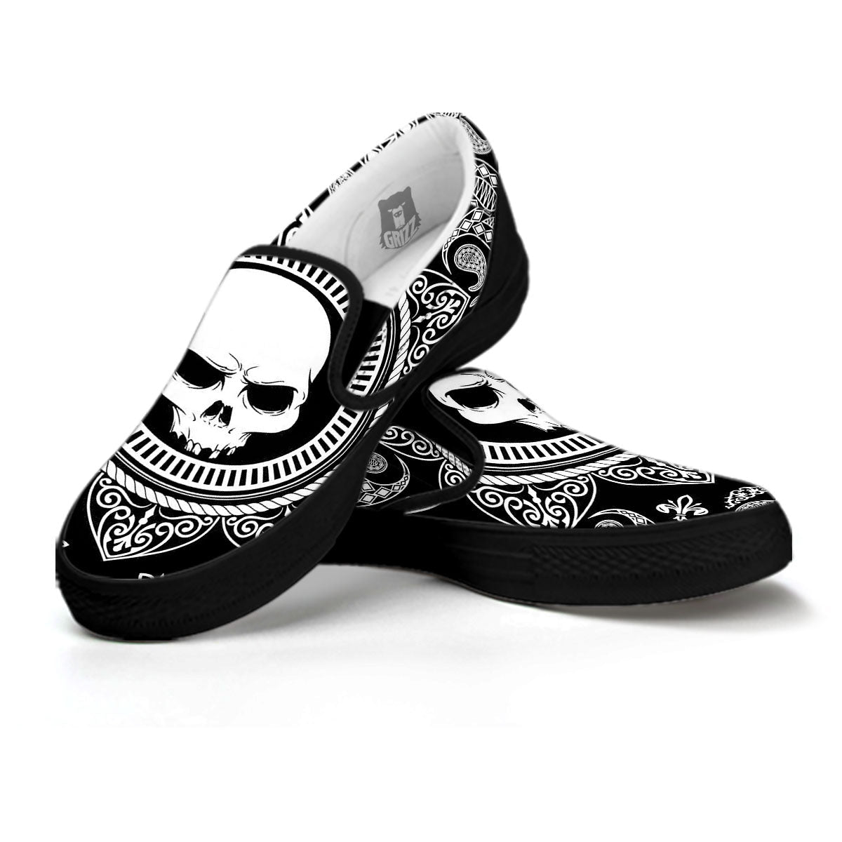 Black Skull Bandana Print Black Slip On Shoes-grizzshop