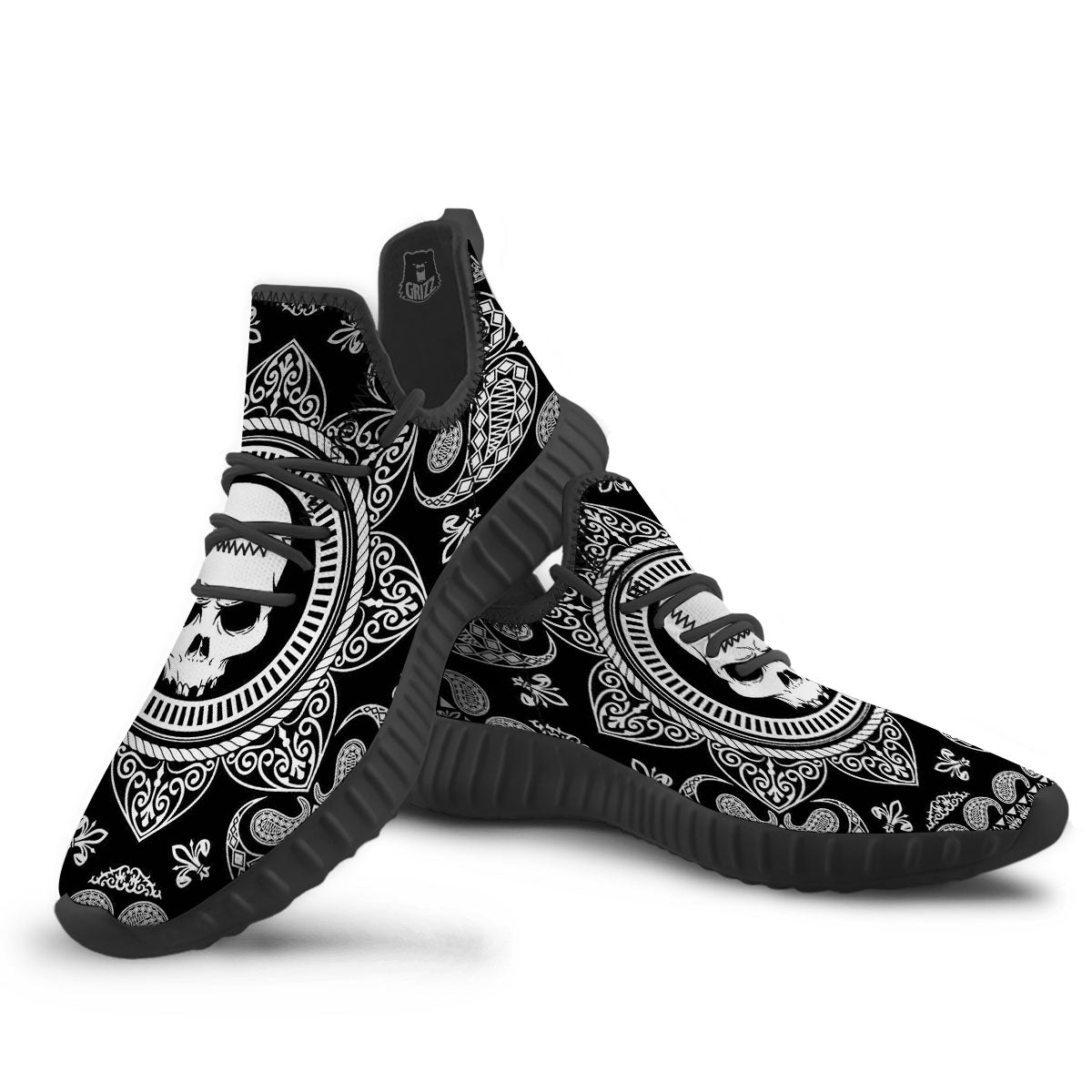 Black Skull Bandana Print Black Walking Shoes-grizzshop