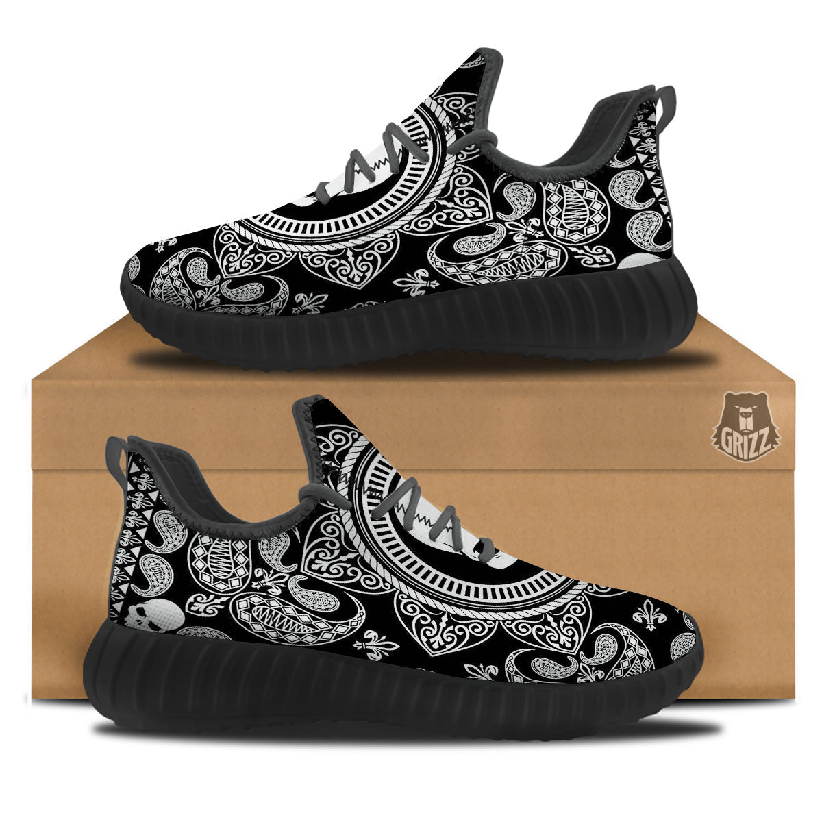 Black Skull Bandana Print Black Walking Shoes-grizzshop