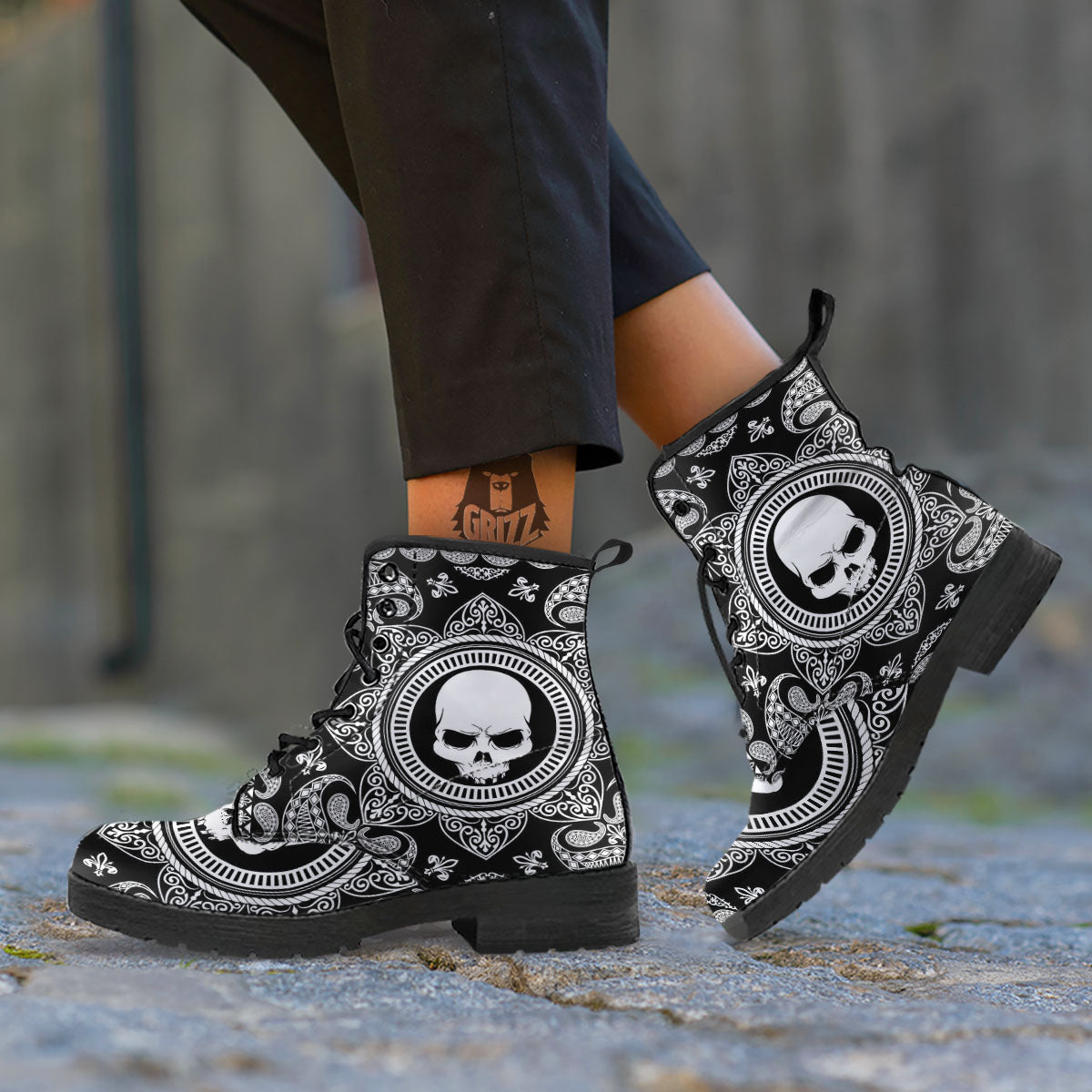 Black Skull Bandana Print Leather Boots-grizzshop