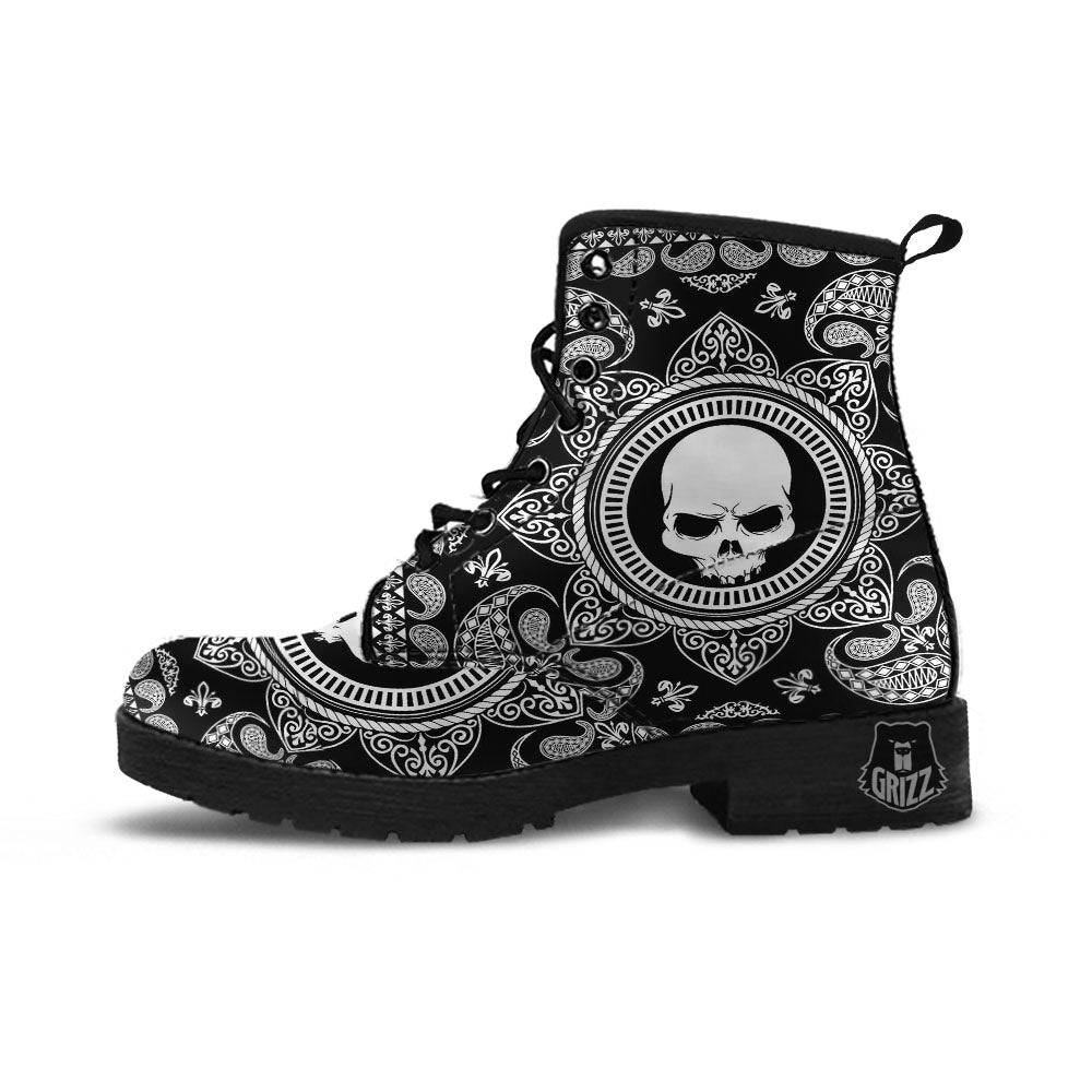 Black Skull Bandana Print Leather Boots-grizzshop