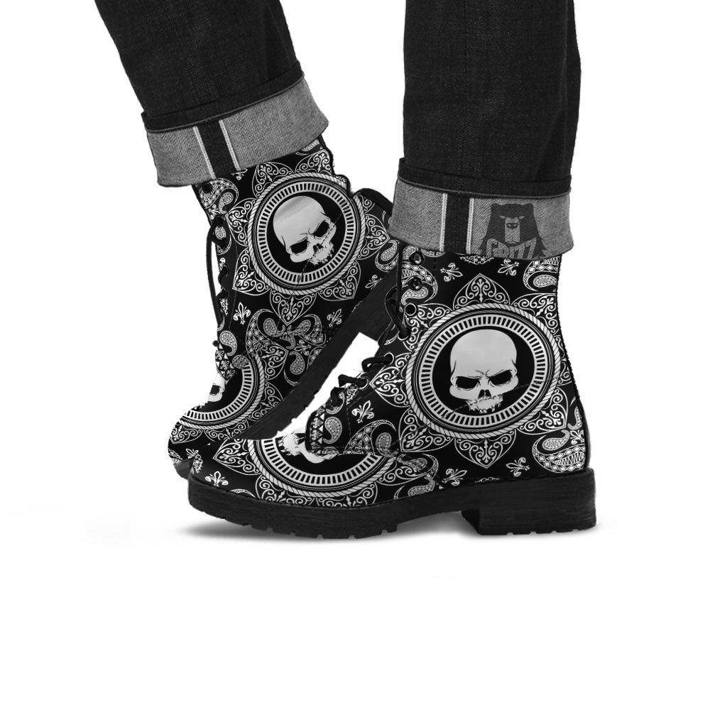 Black Skull Bandana Print Leather Boots-grizzshop