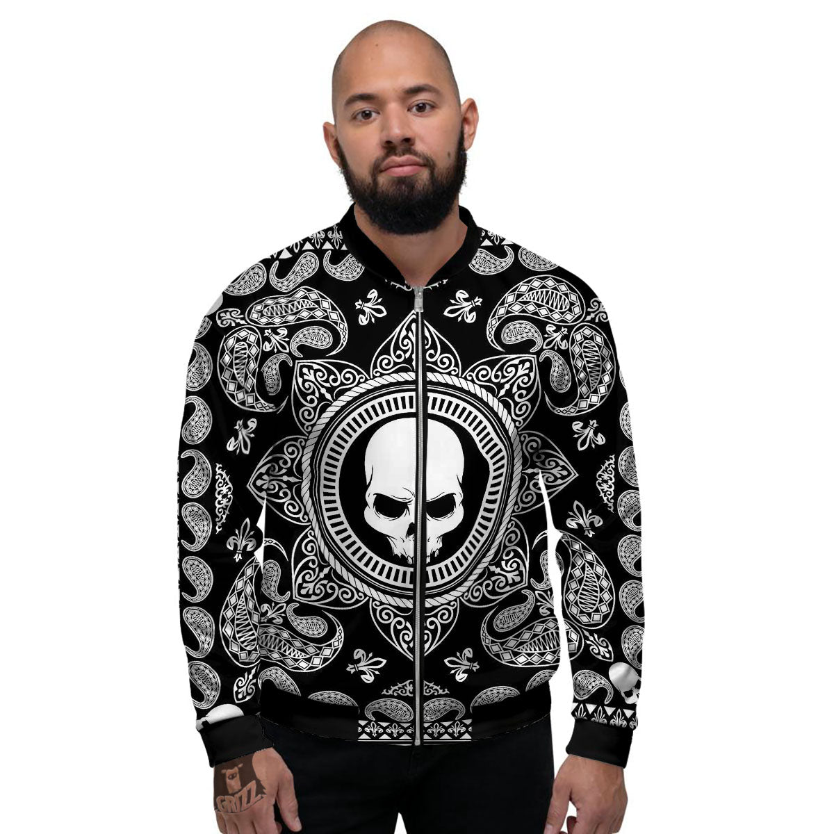 Black Skull Bandana Print Men's Bomber Jacket-grizzshop