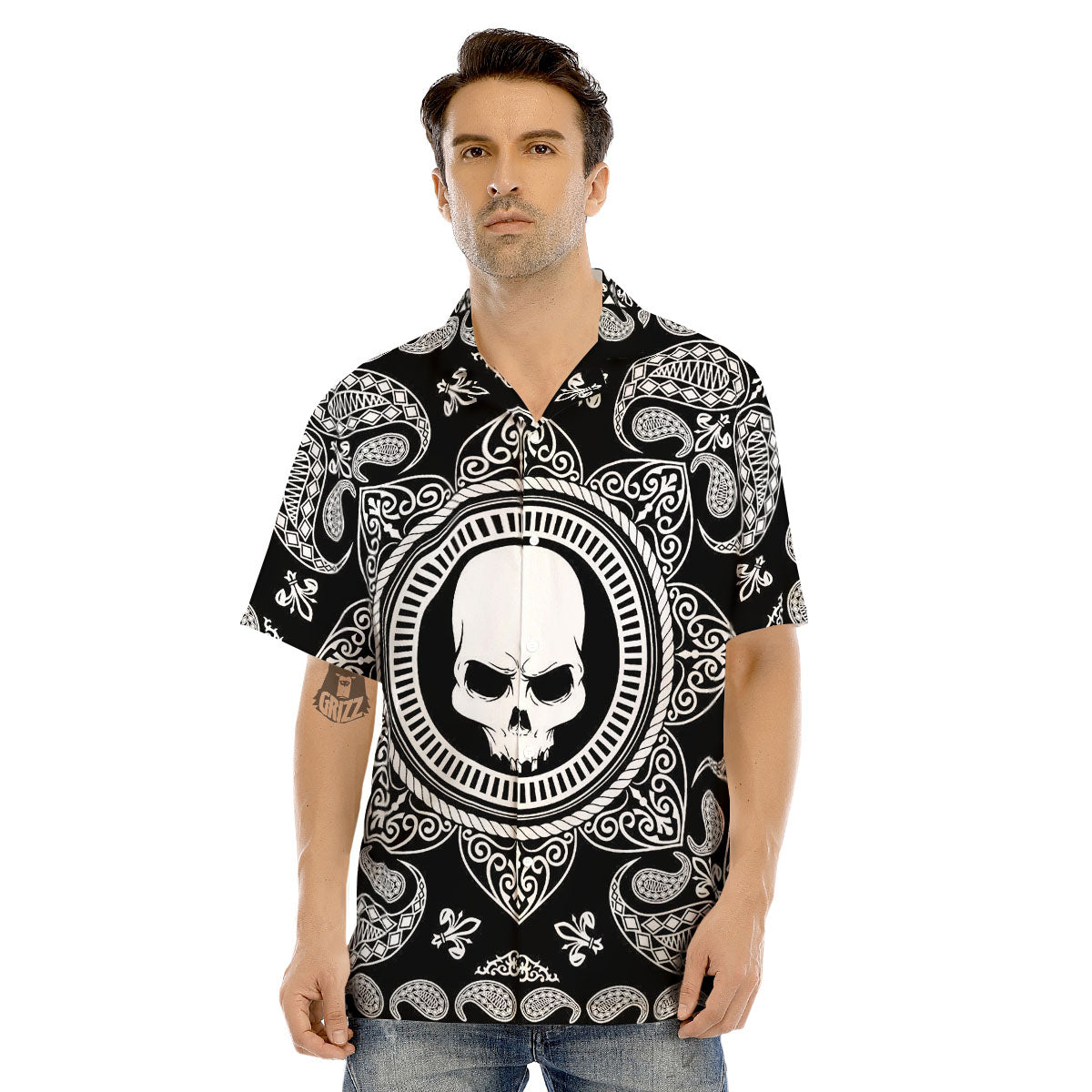 Black Skull Bandana Print Men's Hawaiian Shirt-grizzshop