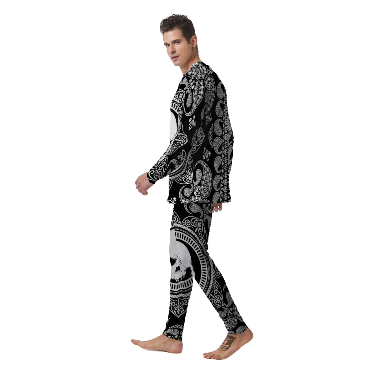 Black Skull Bandana Print Men's Pajamas-grizzshop