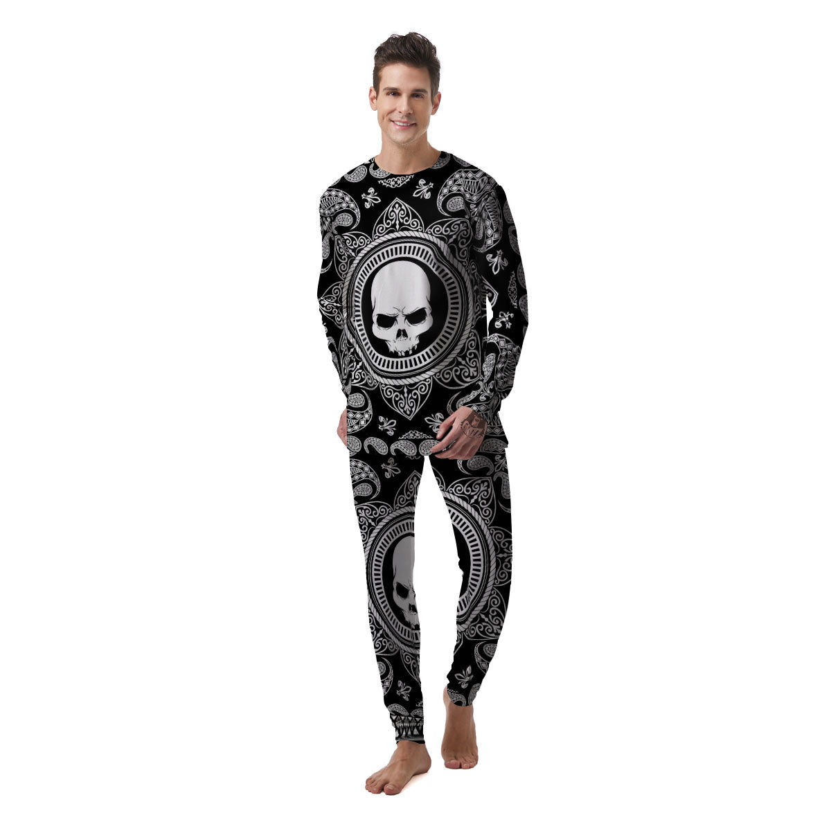 Black Skull Bandana Print Men's Pajamas-grizzshop