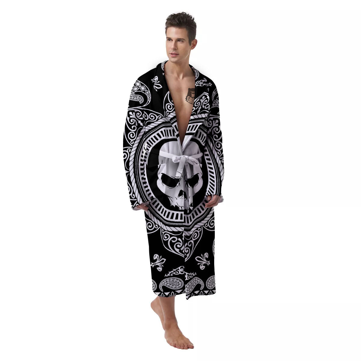 Black Skull Bandana Print Men's Robe-grizzshop