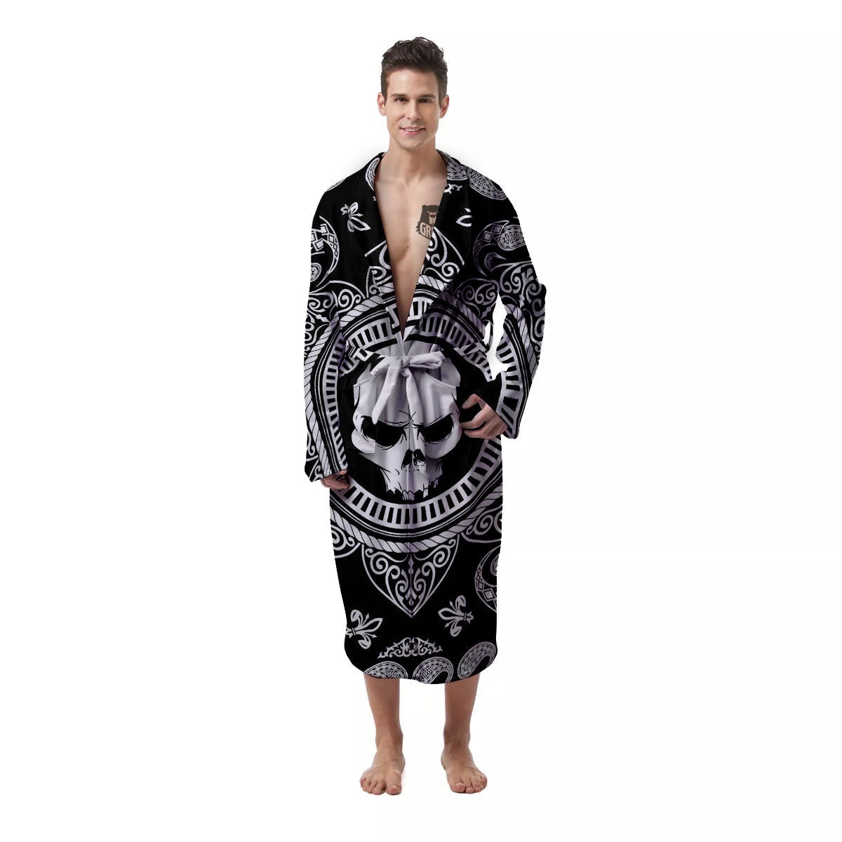 Black Skull Bandana Print Men's Robe-grizzshop