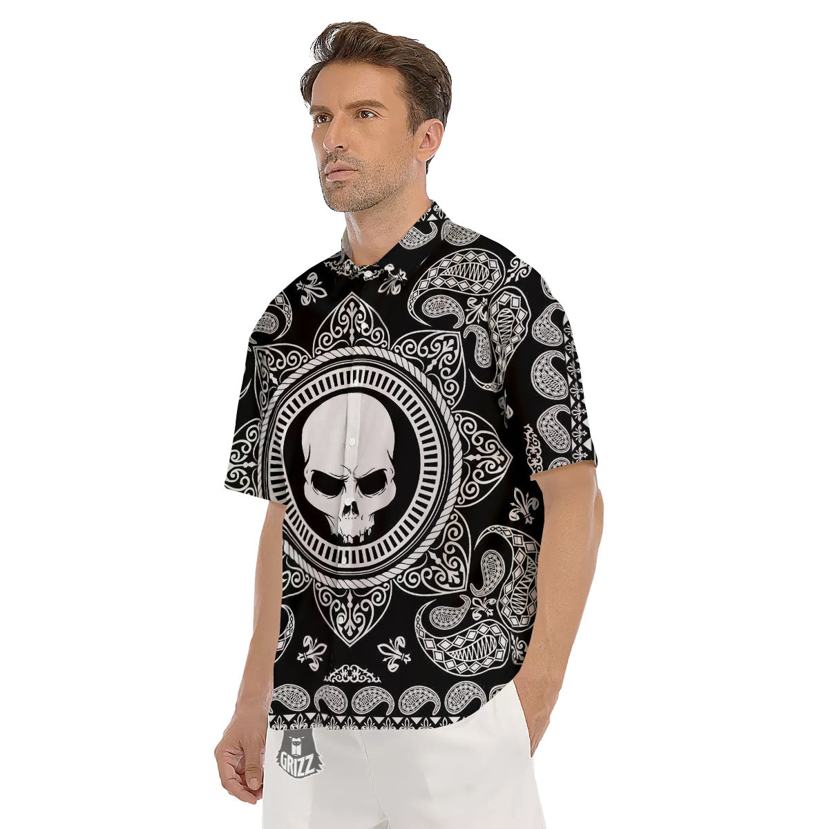 Black Skull Bandana Print Men's Short Sleeve Shirts-grizzshop