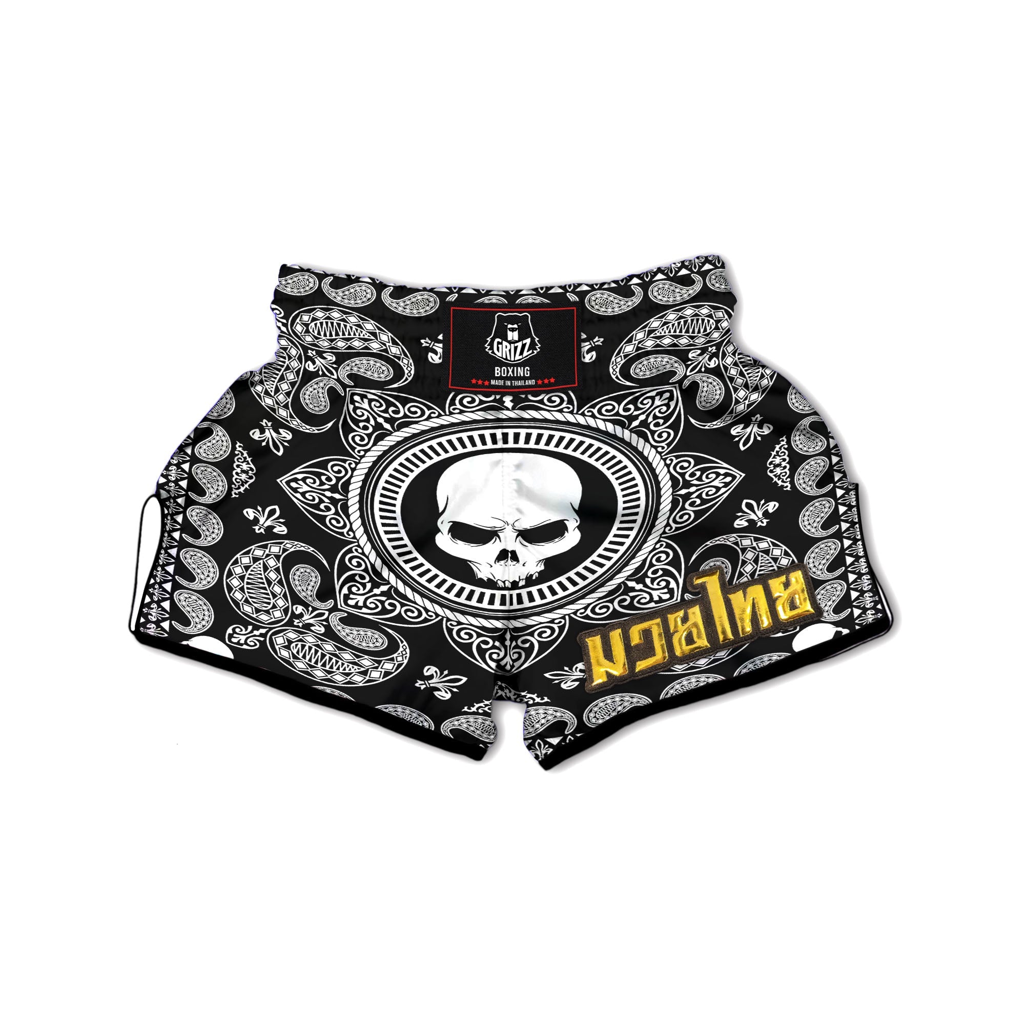 Black Skull Bandana Print Muay Thai Boxing Shorts-grizzshop