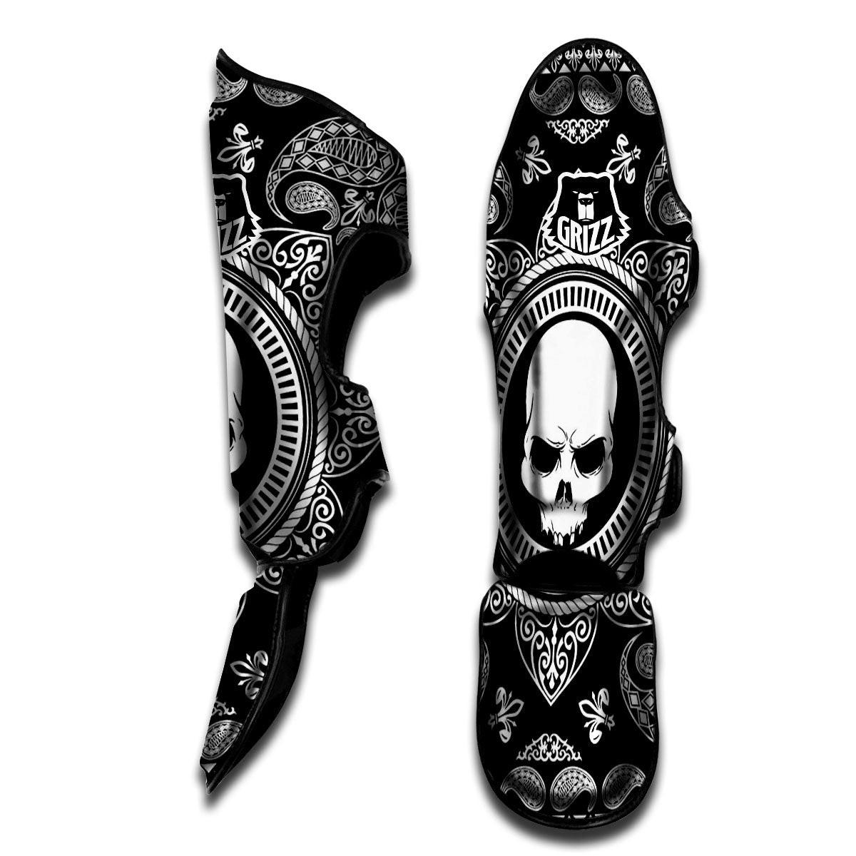 Black Skull Bandana Print Muay Thai Shin Guards-grizzshop