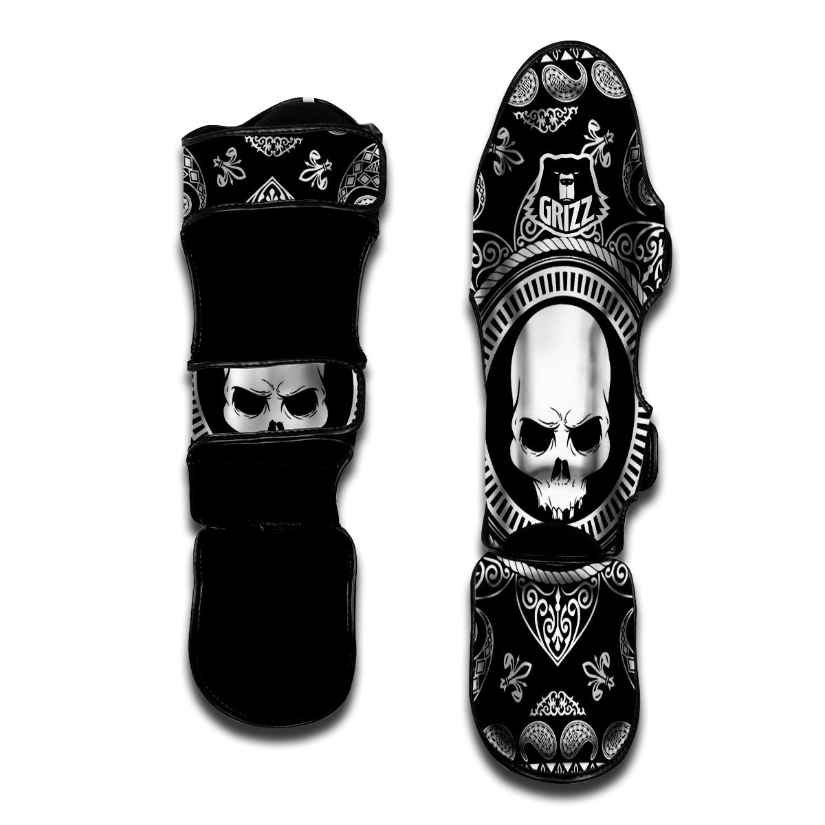 Black Skull Bandana Print Muay Thai Shin Guards-grizzshop