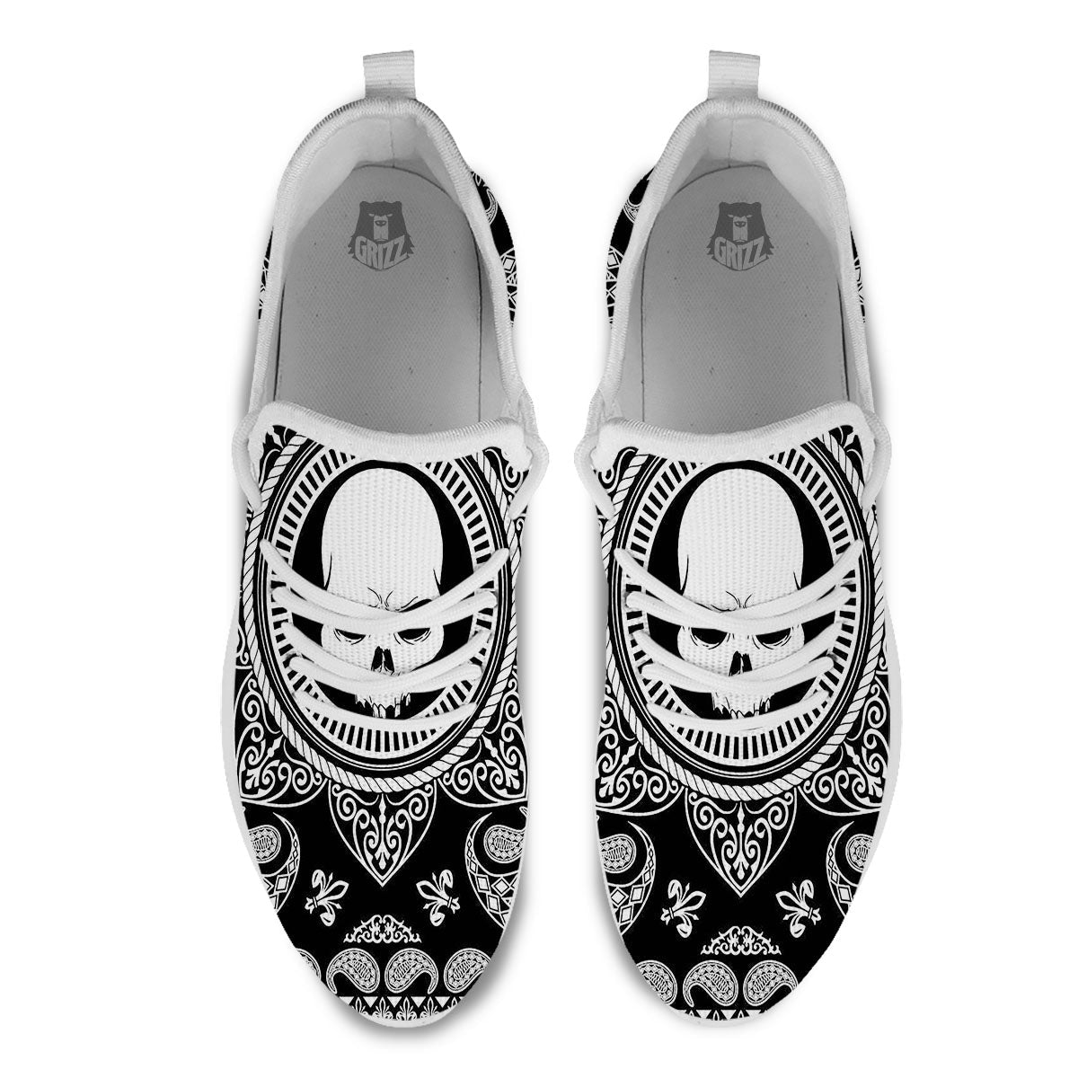 Black Skull Bandana Print White Athletic Shoes-grizzshop