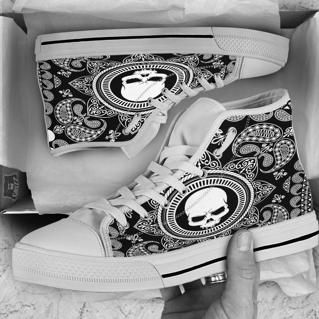 Black Skull Bandana Print White High Top Shoes-grizzshop