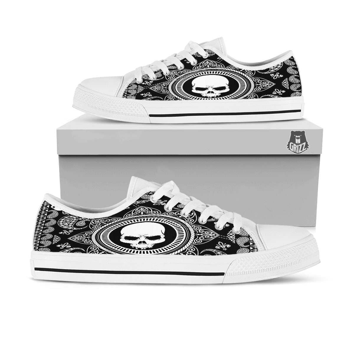 Black Skull Bandana Print White Low Top Shoes-grizzshop