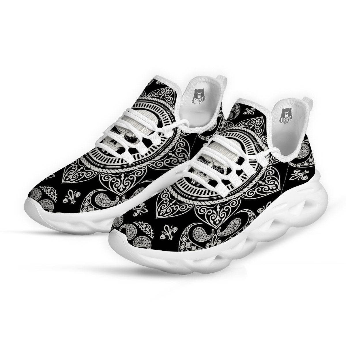 Black Skull Bandana Print White Running Shoes-grizzshop