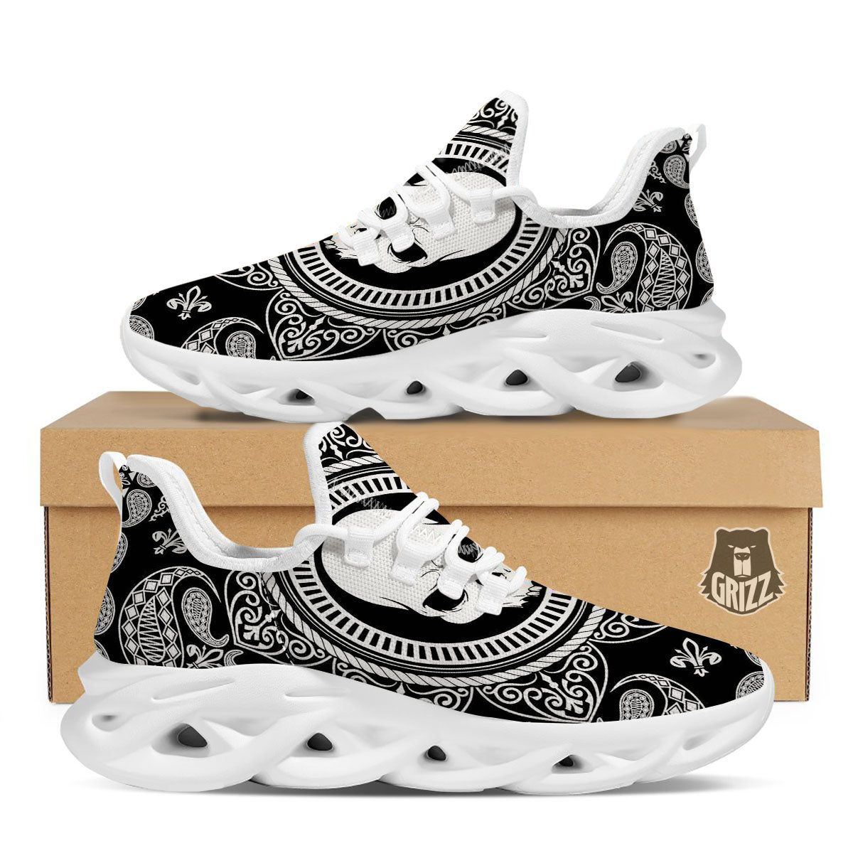 Black Skull Bandana Print White Running Shoes-grizzshop