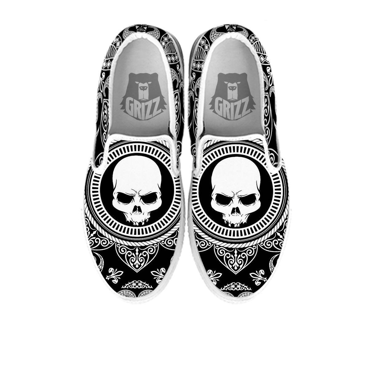 Black Skull Bandana Print White Slip On Shoes-grizzshop