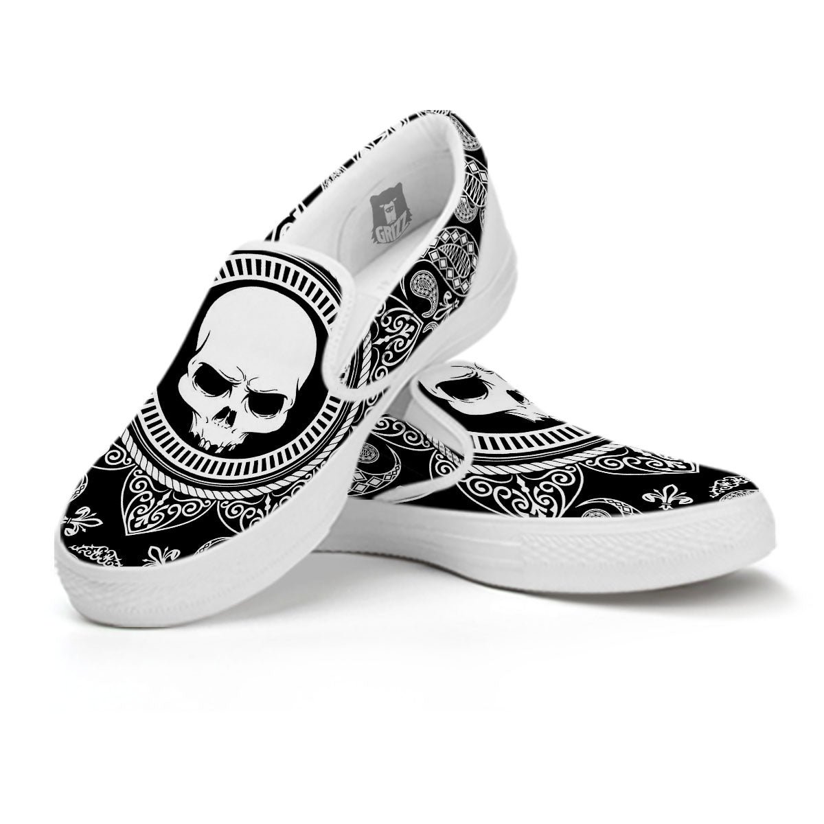 Black Skull Bandana Print White Slip On Shoes-grizzshop