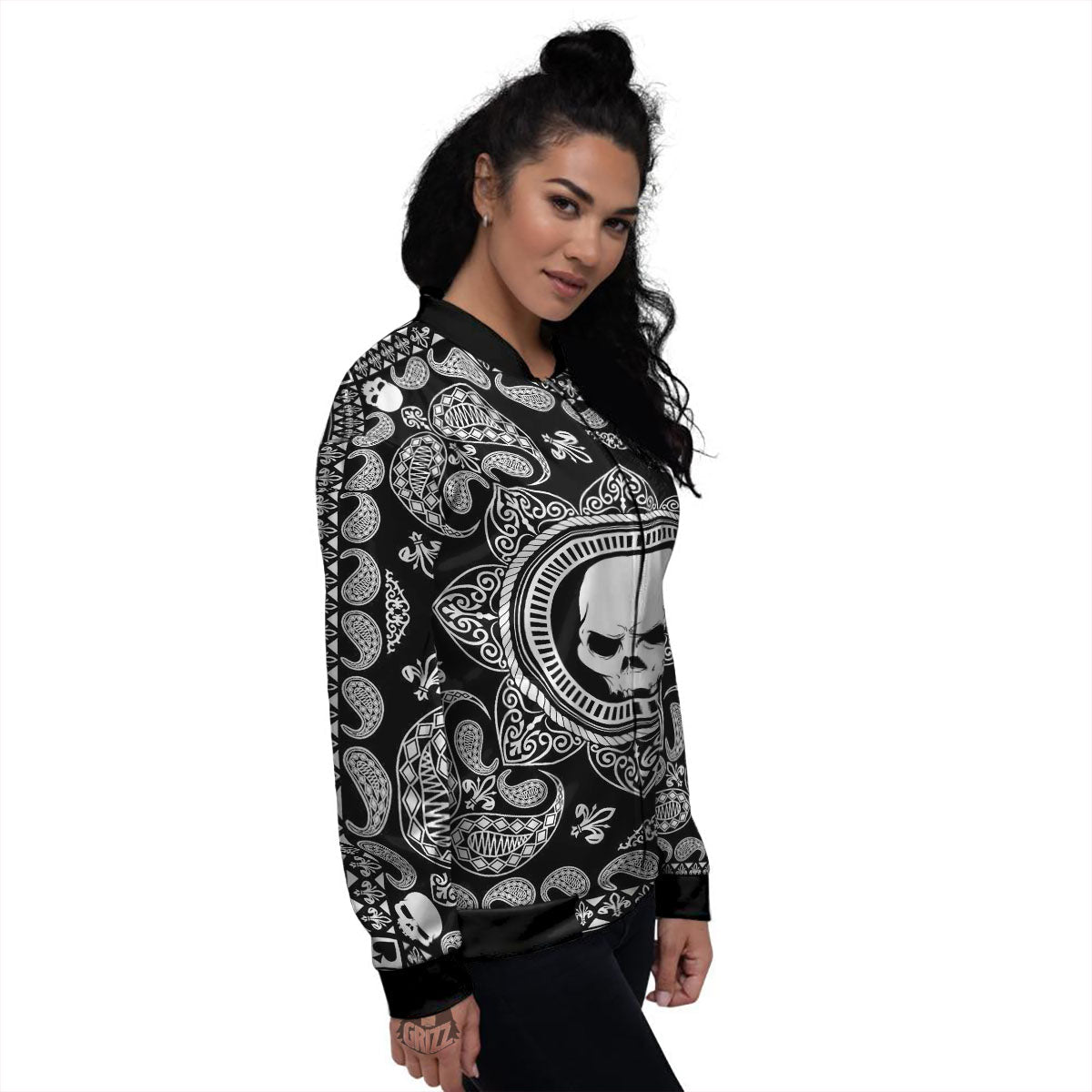 Black Skull Bandana Print Women's Bomber Jacket-grizzshop