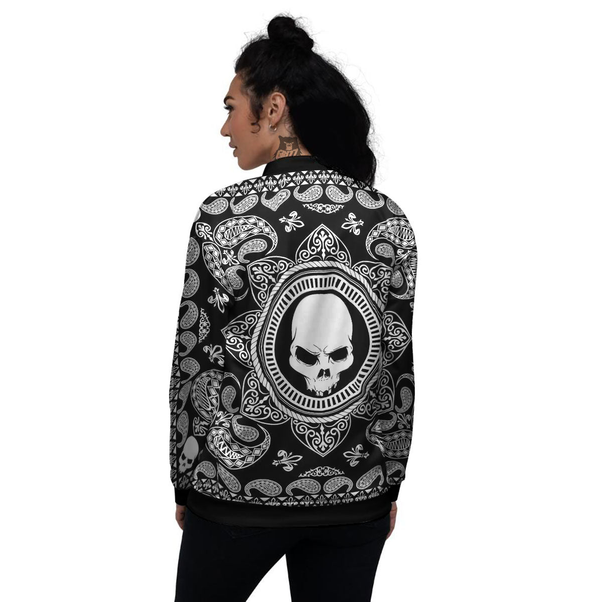 Black Skull Bandana Print Women's Bomber Jacket-grizzshop