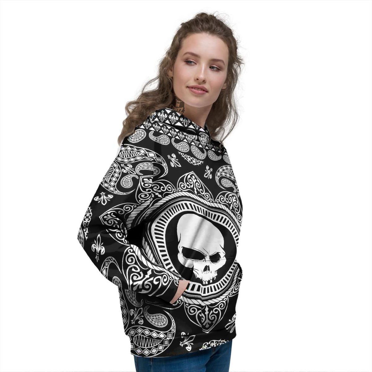 Black Skull Bandana Print Women's Hoodie-grizzshop