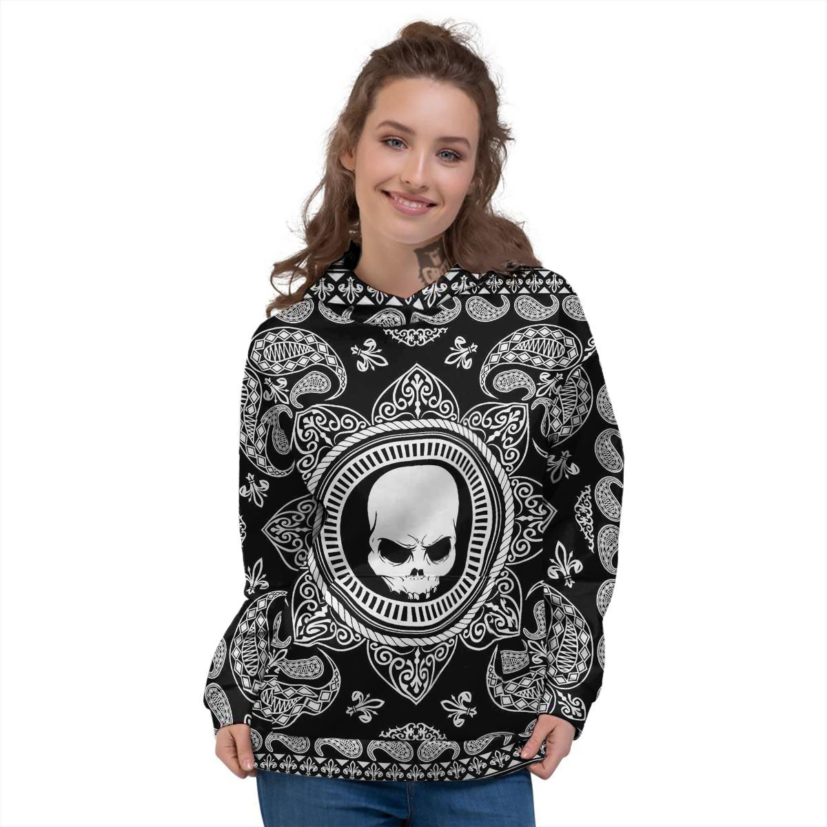 Black Skull Bandana Print Women's Hoodie-grizzshop