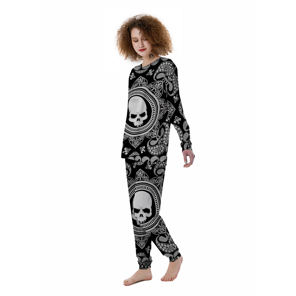 Black Skull Bandana Print Women's Pajamas-grizzshop