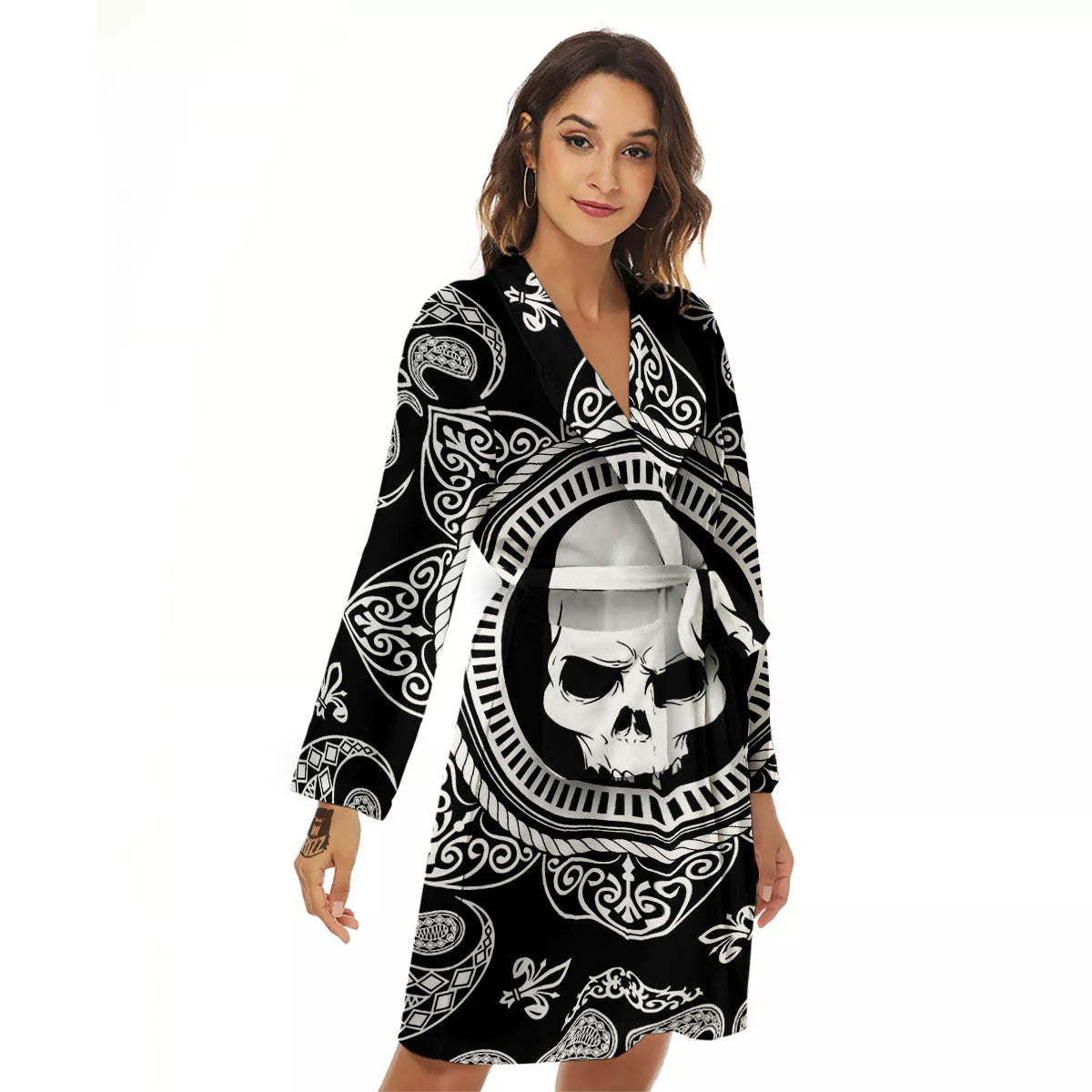 Black Skull Bandana Print Women's Robe-grizzshop