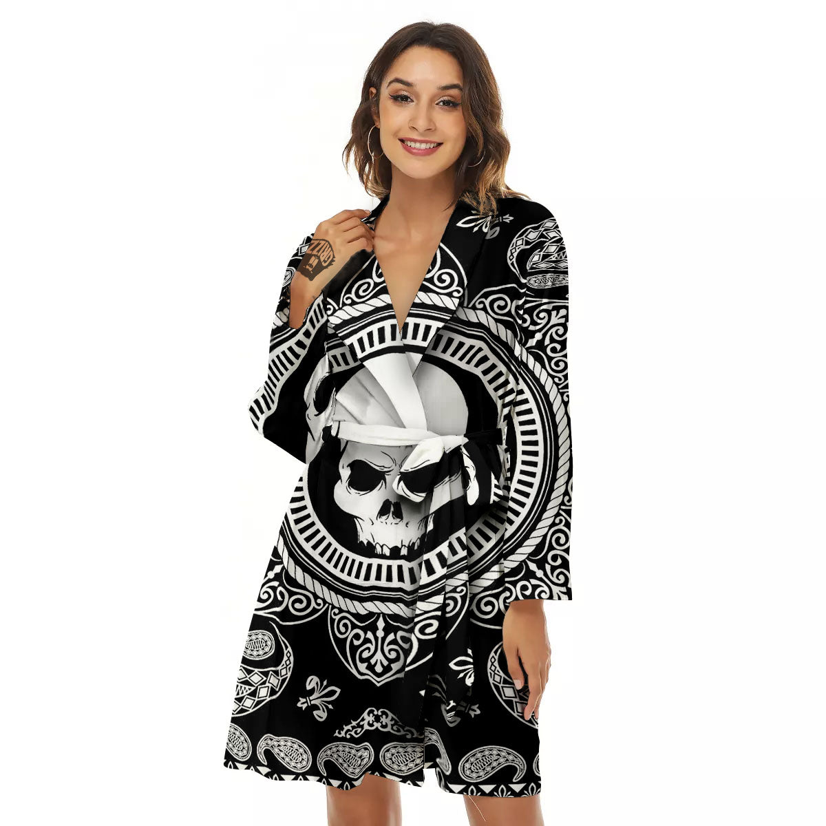 Black Skull Bandana Print Women's Robe-grizzshop