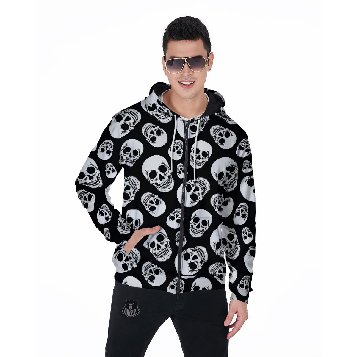Black Skull Men's Zip Up Hoodie-grizzshop