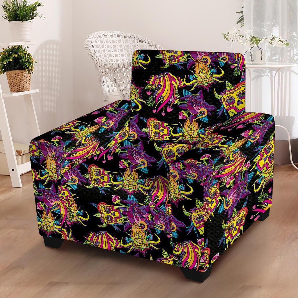 Black Skull Trippy Psychedelic Armchair Cover-grizzshop