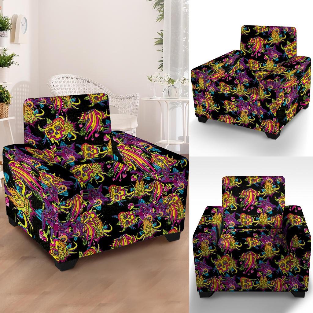 Black Skull Trippy Psychedelic Armchair Cover-grizzshop