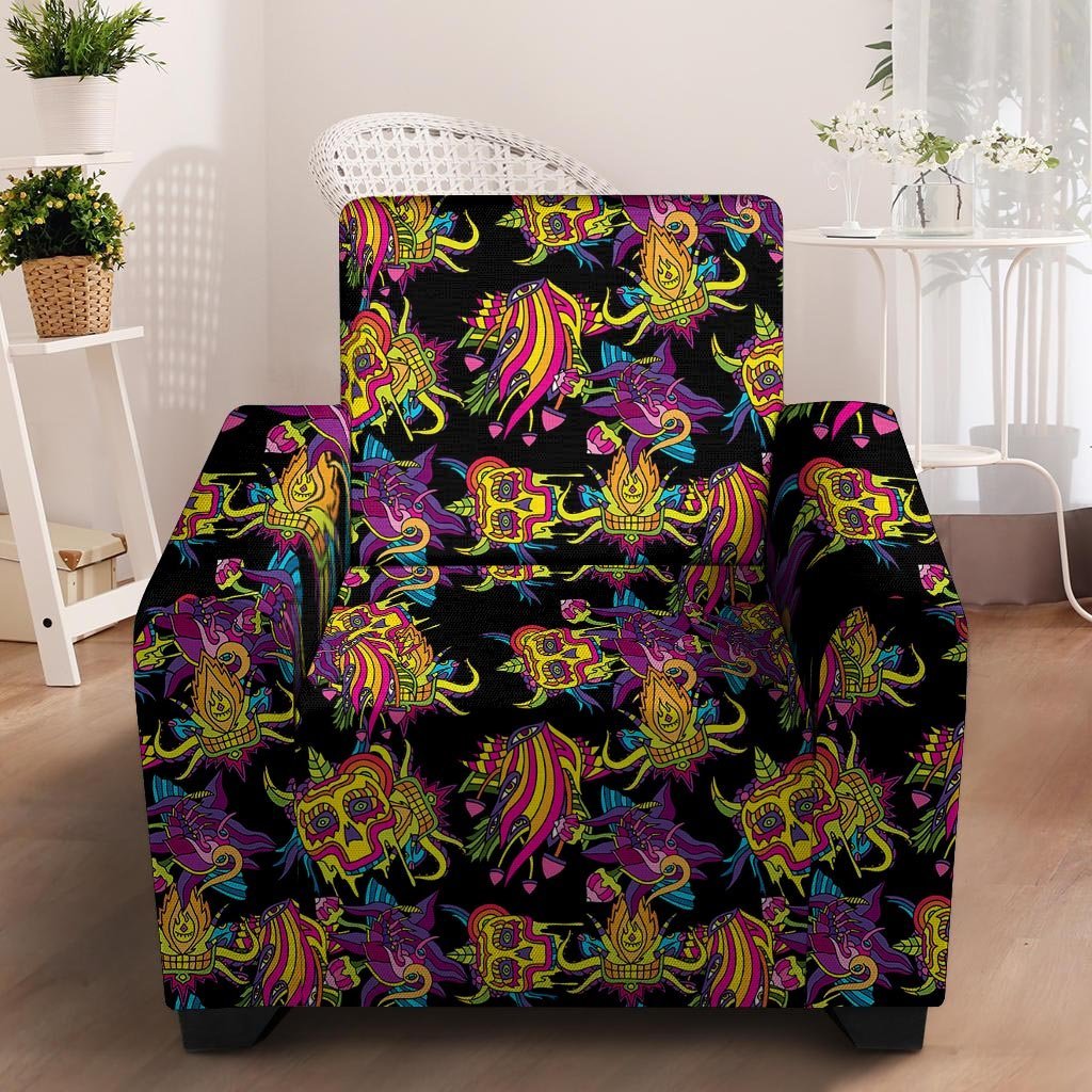 Black Skull Trippy Psychedelic Armchair Cover-grizzshop