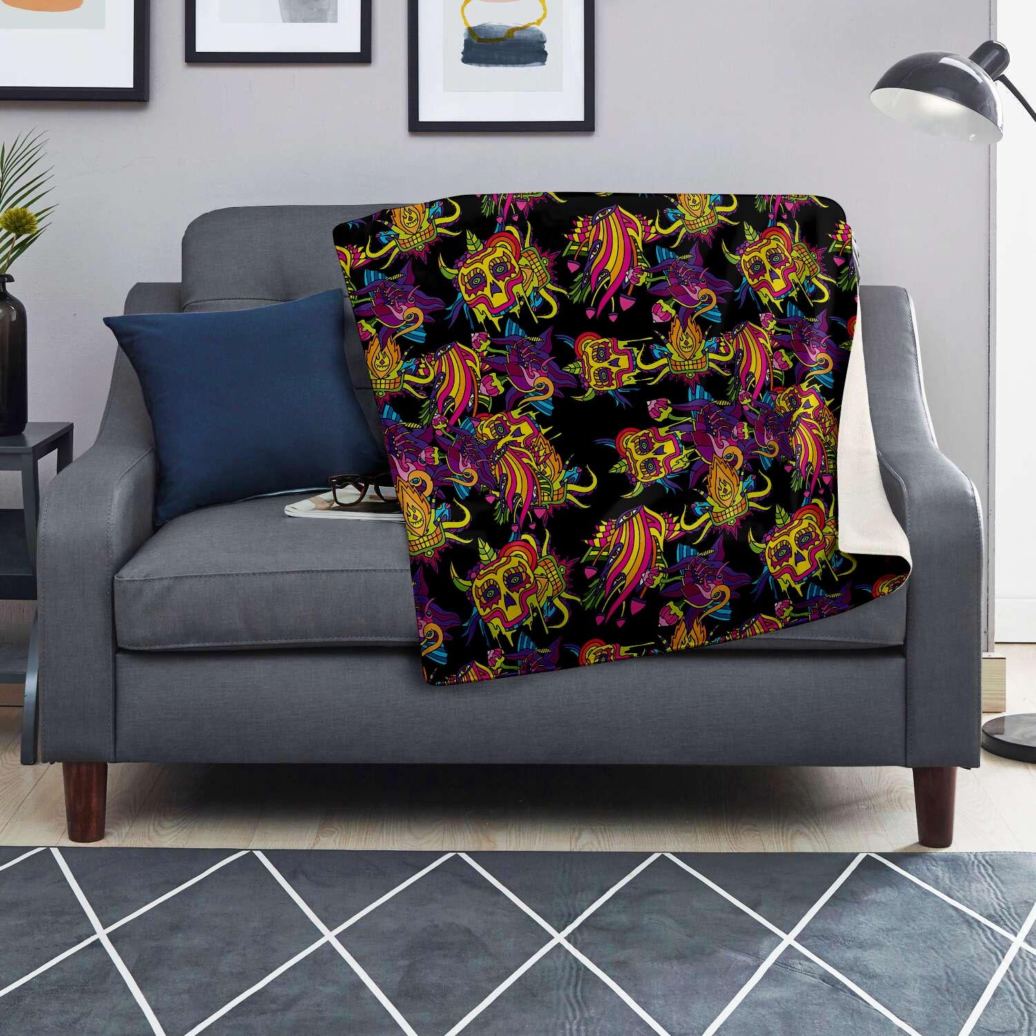 Black Skull Trippy Psychedelic Blanket-grizzshop