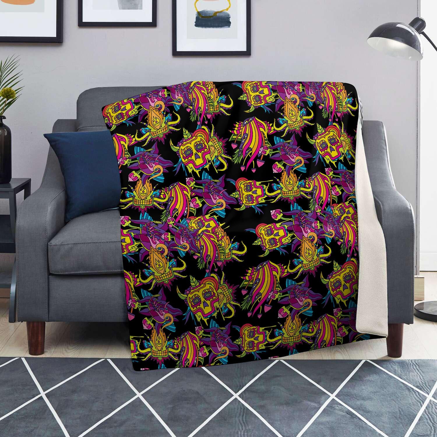 Black Skull Trippy Psychedelic Blanket-grizzshop