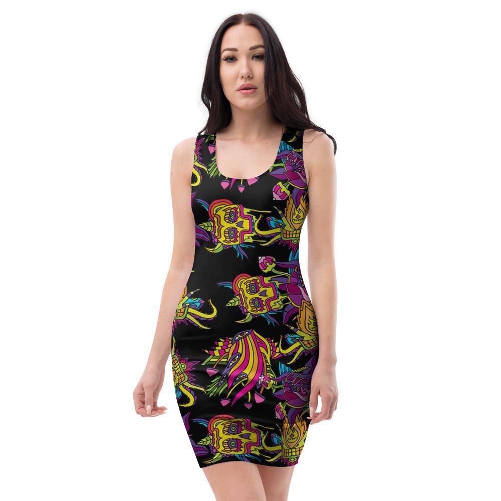 Black Skull Trippy Psychedelic Bodycon Dress-grizzshop