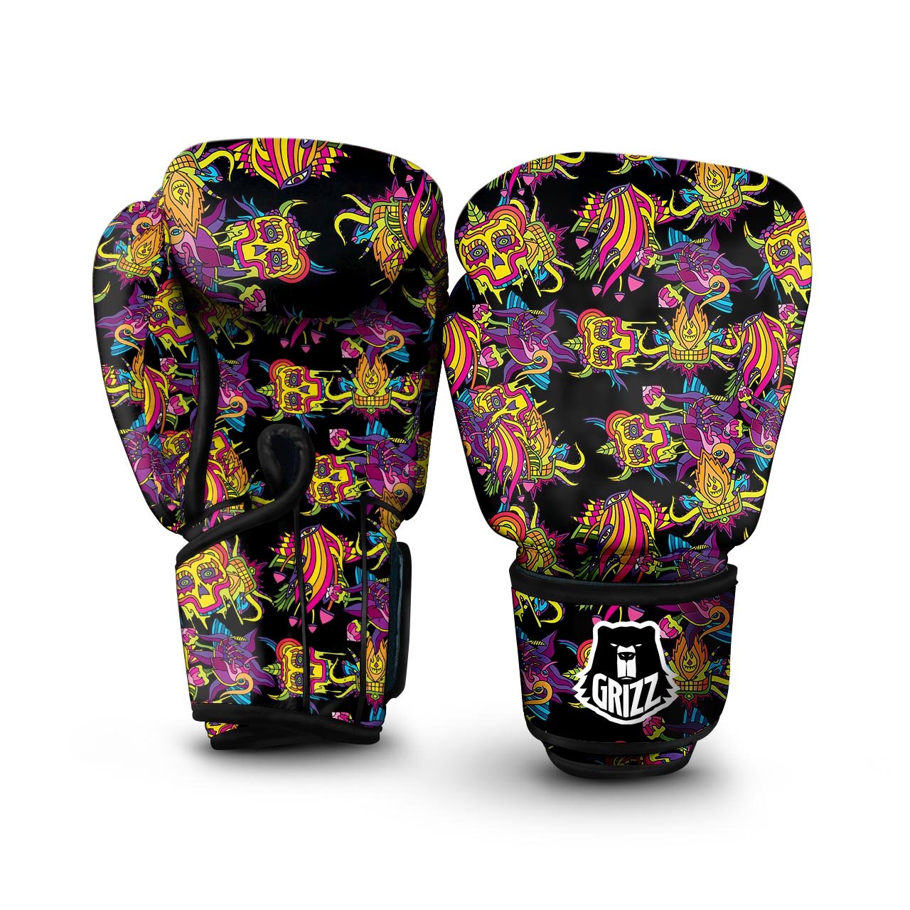 Black Skull Trippy Psychedelic Boxing Gloves-grizzshop